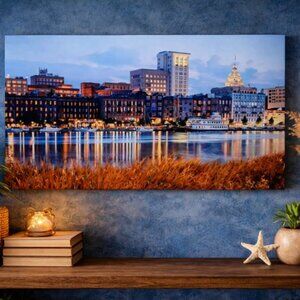 Metal Wall Art – City Waterfront Skyline at Night, Riverboat Lights, Modern Home
